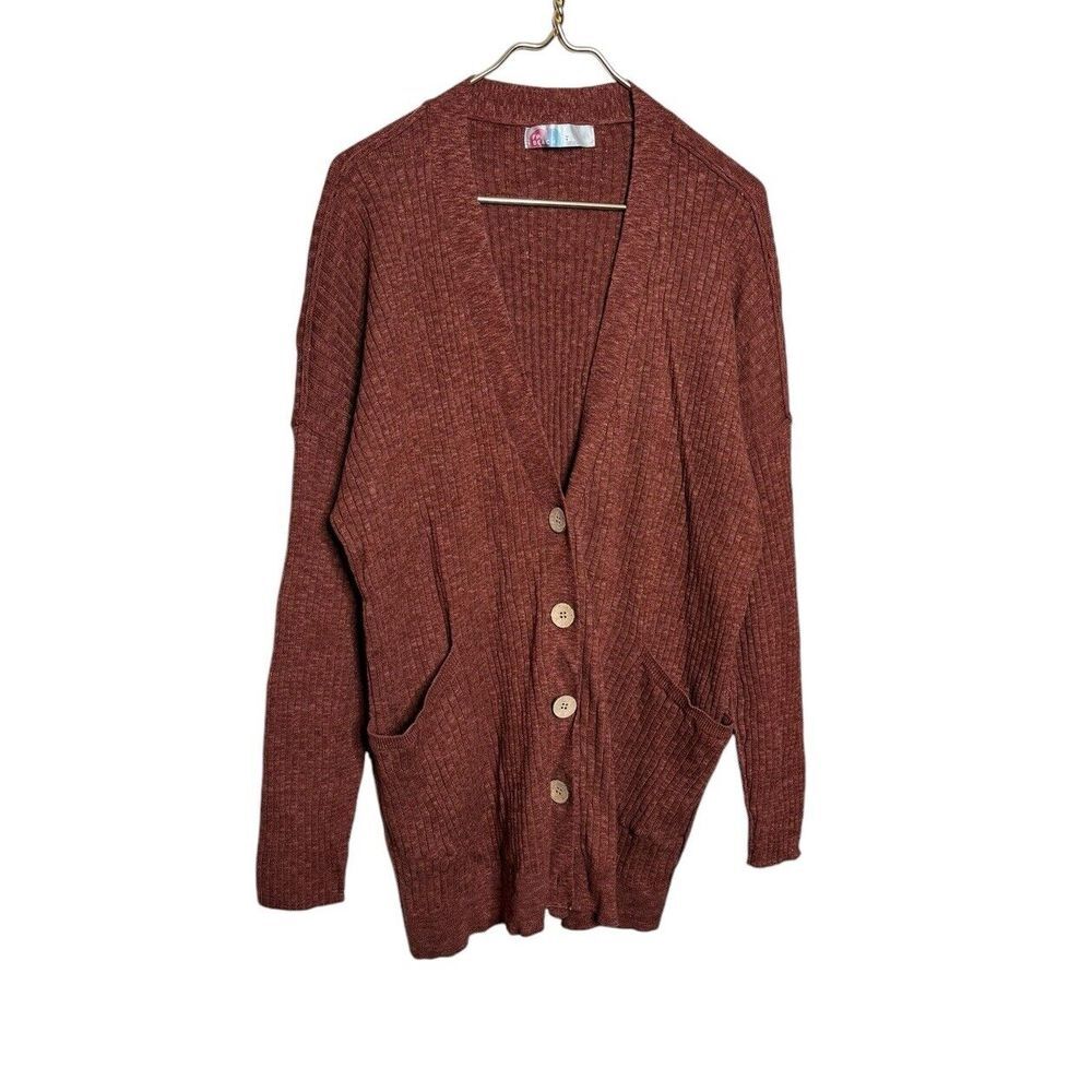 Free People Rust Red Ribbed Button-Up Cardigan